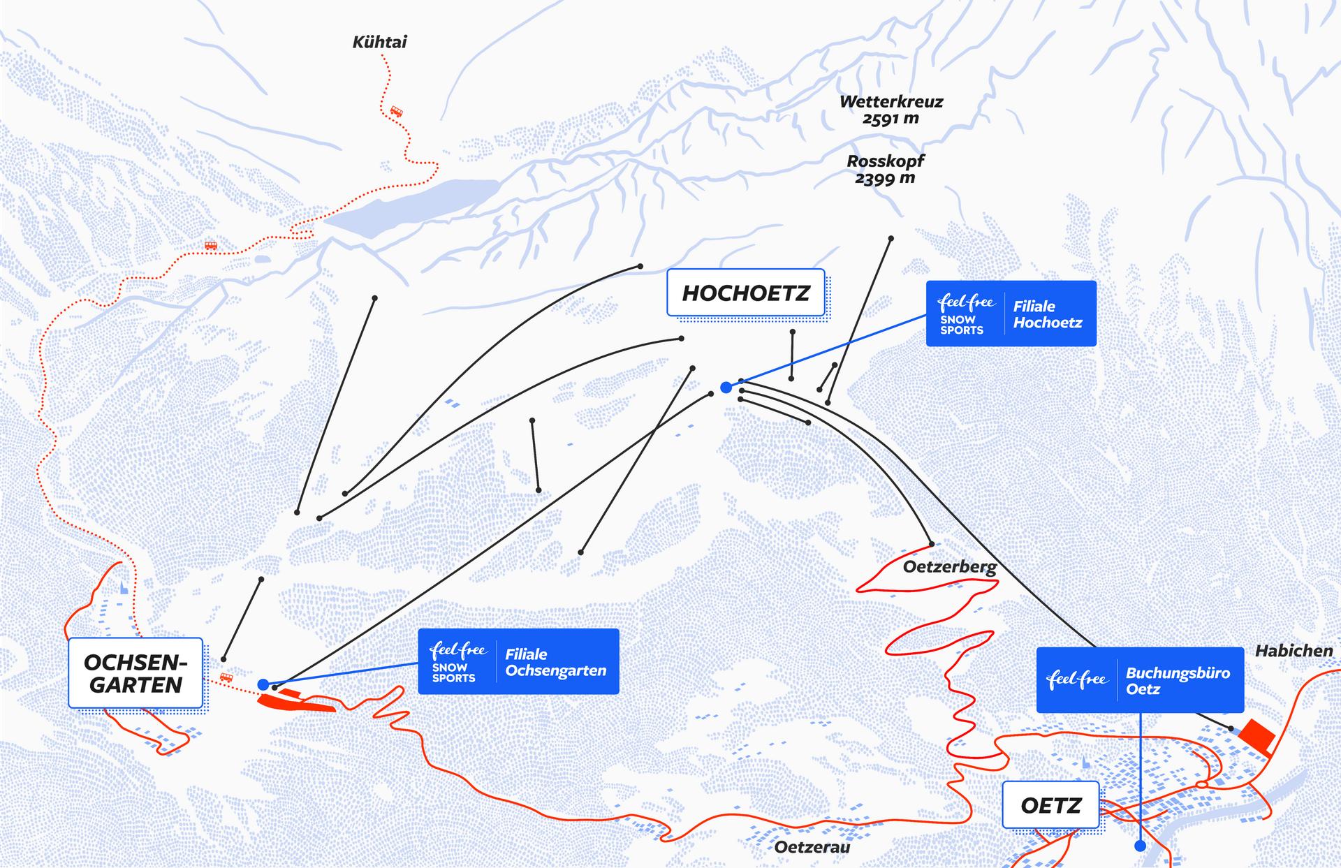 Luftaufnahme einer verschneiten Bergstation mit markierten Bereichen und Beschriftungen zu Skischule, Shop, Verleih und Service